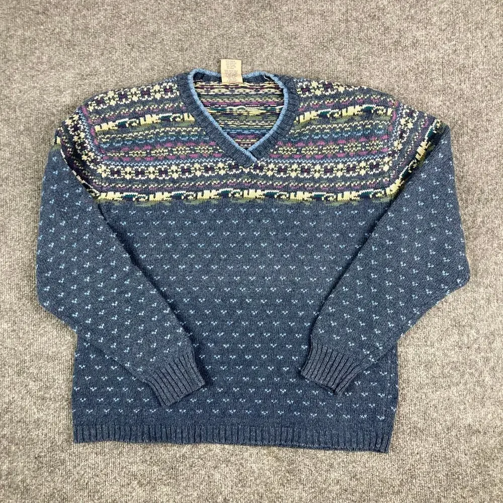 High Sierra Sweater Womens Size L Blue Multicolor V-Neck Fair Isle Knit Pullover - Picture 2 of 8